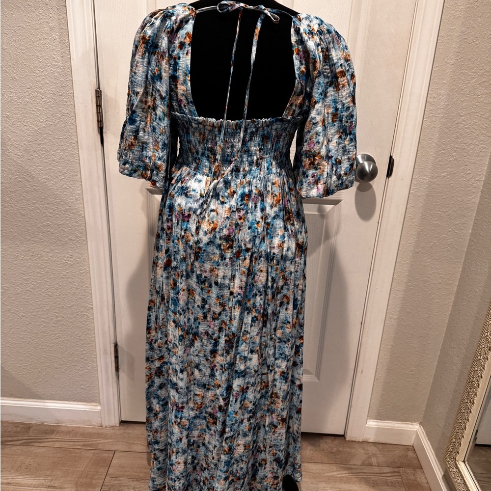 Anthropologie Blue Floral Midi Dress with Puff Sleeves